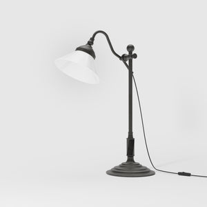 Brass desk lamp with white glass shade adjustable arm classic library style decorated base handcrafted Italian design by Ghidini 1849 - Finish: OBR Dark Bronze