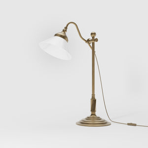 Brass desk lamp with white glass shade adjustable arm classic library style decorated base handcrafted Italian design by Ghidini 1849 - Finish: OBS Bronze Satin Brass