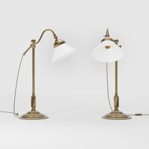 Brass desk lamp with white glass shade adjustable arm classic library style decorated base handcrafted Italian design by Ghidini 1849 - Finish: OBS Bronze Satin Brass
