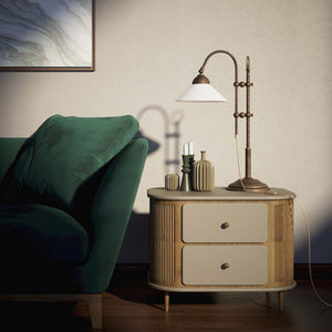 Table lamp with brass sliding arm and adjustable glossy white glass shade vintage style Made in Italy design by Ghidini 1849 - Finish: OAS Antique Brass