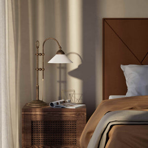 Table lamp with brass sliding arm and adjustable glossy white glass shade vintage style Made in Italy design by Ghidini 1849 - Finish: OAS Antique Brass