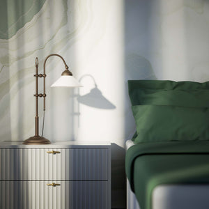 Table lamp with brass sliding arm and adjustable glossy white glass shade vintage style Made in Italy design by Ghidini 1849 - Finish: OBM Bronze Satin Matt Brass