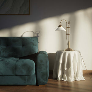 Table lamp with brass sliding arm and adjustable glossy white glass shade vintage style Made in Italy design by Ghidini 1849 - Finish: OBS Bronze Satin Brass