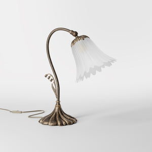 Brass table lamp with floral frosted glass shade, elegant Art Nouveau design for refined interiors by Ghidini 1849 - Finish: OAS Antique Brass