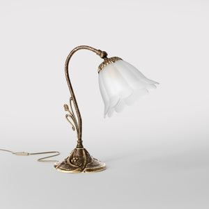 Brass table lamp with floral satin shade, Art Nouveau style by Ghidini 1849 - Finish: OAS Antique Brass