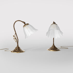 Brass table lamp with floral satin shade, Art Nouveau style by Ghidini 1849 - Finish: OAS Antique Brass