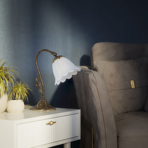 Brass table lamp with floral satin shade, Art Nouveau style by Ghidini 1849 - Finish: OAS Antique Brass