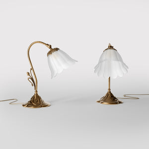 Brass table lamp with floral satin shade, Art Nouveau style by Ghidini 1849 - Finish: OBS Bronze Satin Brass