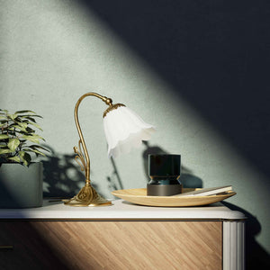 Brass table lamp with floral satin shade, Art Nouveau style by Ghidini 1849 - Finish: OBS Bronze Satin Brass