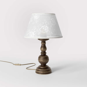 Brass table lamp with turned base and embroidered ivory fabric shade, classic design for interior lighting - Finish: OAS Antique Brass