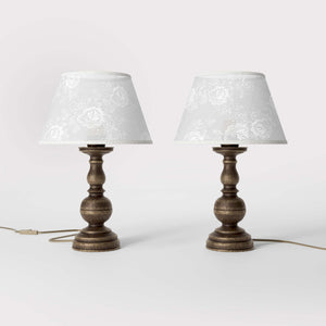 Brass table lamp with turned base and embroidered ivory fabric shade, classic design for interior lighting - Finish: OAS Antique Brass