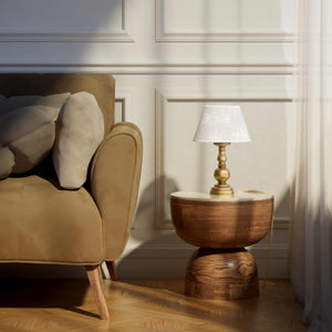 Brass table lamp with turned base and embroidered ivory fabric shade, classic design for interior lighting - Finish: OBS Bronze Satin Brass