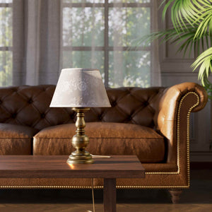 Brass table lamp with turned base and ivory fabric shade embroidered with floral motifs, classic design for interiors - Finish: OBS Bronze Satin Brass