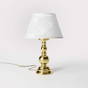 Brass table lamp with turned base and ivory fabric shade embroidered with floral motifs, classic design for interiors - Finish: OLV Polished Brass