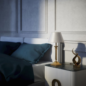 Classic brass table lamp with an ivory fabric shade, featuring an ornate column base, ideal for living rooms or office spaces by Ghidini 1849 - Finish: OBS Bronze Satin Brass