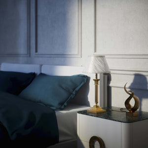 Classic brass table lamp with an ivory fabric shade, featuring an ornate column base, ideal for living rooms or office spaces by Ghidini 1849 - Finish: OBS Bronze Satin Brass