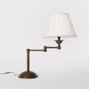 Table lamp with double adjustable arm, ivory pleated fabric shade and circular base - Finish: OAS Antique Brass
