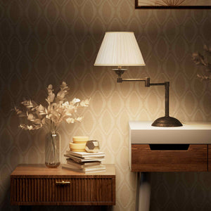 Table lamp with double adjustable arm, ivory pleated fabric shade and circular base - Finish: OAS Antique Brass