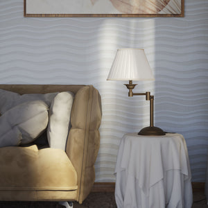 Table lamp with double adjustable arm, ivory pleated fabric shade and circular base - Finish: OBM Bronze Satin Matt Brass