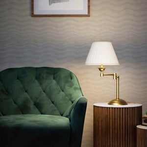 Table lamp with double adjustable arm, ivory pleated fabric shade and circular base - Finish: OBS Bronze Satin Brass
