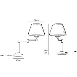 Table lamp with double adjustable arm, ivory pleated fabric shade and circular base