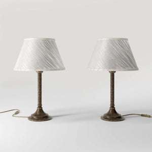 Brass table lamp with an ivory striped fabric shade, Made in Italy, timeless design by Ghidini 1849