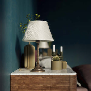 Brass table lamp with an ivory striped fabric shade, Made in Italy, timeless design by Ghidini 1849