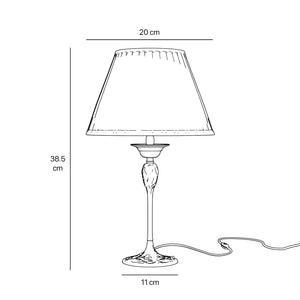 Art Nouveau table lamp Simona collection with decorated brass base featuring floral motifs and pleated ivory white fabric lampshade by Ghidini 1849