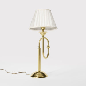 Brass table lamp with trombone-style design, ivory pleated shade, adjustable arm and decorated base, musical design Made in Italy by Ghidini 1849 - Finish: OLV Polished Brass