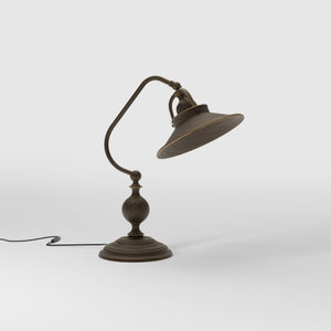Rustic brass table lamp with curved arm and adjustable joint stepped turned base traditional conical shade by Ghidini 1849 - Finish: OBM Bronze Satin Matt Brass