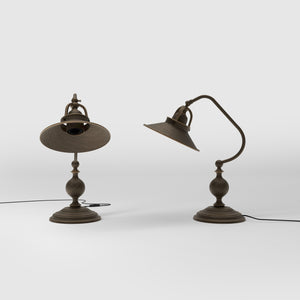 Rustic brass table lamp with curved arm and adjustable joint stepped turned base traditional conical shade by Ghidini 1849 - Finish: OBM Bronze Satin Matt Brass