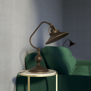 Rustic brass table lamp with curved arm and adjustable joint stepped turned base traditional conical shade by Ghidini 1849 - Finish: OBM Bronze Satin Matt Brass