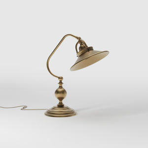 Rustic brass table lamp with curved arm and adjustable joint stepped turned base traditional conical shade by Ghidini 1849 - Finish: OBS Bronze Satin Brass