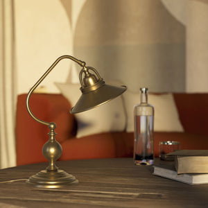 Rustic brass table lamp with curved arm and adjustable joint stepped turned base traditional conical shade by Ghidini 1849 - Finish: OBS Bronze Satin Brass