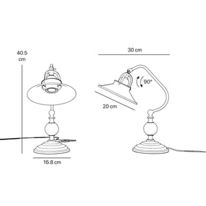 Rustic brass table lamp with curved arm and adjustable joint stepped turned base traditional conical shade by Ghidini 1849