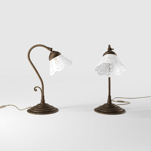 Liberty style table lamp with white pierced ceramic shade stepped base and decorative adjustable brass arm by Ghidini 1849 - Finish: OAS Antique Brass