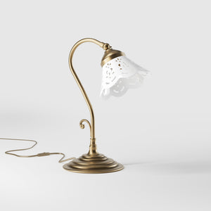 Liberty style table lamp with white pierced ceramic shade stepped base and decorative adjustable brass arm by Ghidini 1849 - Finish: OBS Bronze Satin Brass