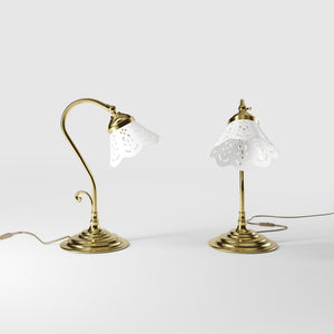 Liberty style table lamp with white pierced ceramic shade stepped base and decorative adjustable brass arm by Ghidini 1849 - Finish: OLV Polished Brass