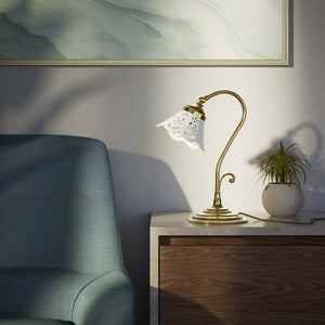 Liberty style table lamp with white pierced ceramic shade stepped base and decorative adjustable brass arm by Ghidini 1849 - Finish: OLV Polished Brass