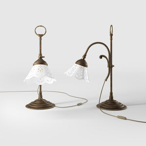 Classic desk lamp with pierced ceramic shade height-adjustable brass structure and decorative ring by Ghidini 1849 - Finish: OAS Antique Brass