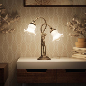 Art Nouveau table lamp in brass with sculptural female figure and two wavy frosted glass shades, decorated base by Ghidini 1849 - Finish: OAS Antique Brass