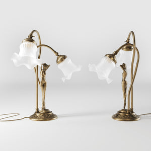 Art Nouveau table lamp in brass with sculptural female figure and two wavy frosted glass shades, decorated base by Ghidini 1849 - Finish: OBS Bronze Satin Brass