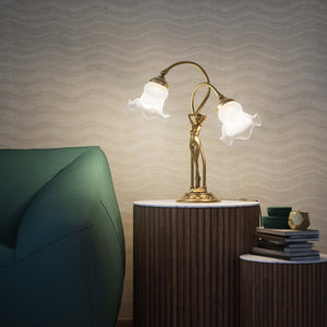 Art Nouveau table lamp in brass with sculptural female figure and two wavy frosted glass shades, decorated base by Ghidini 1849 - Finish: OBS Bronze Satin Brass