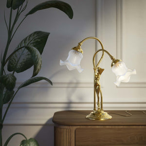 Art Nouveau table lamp in brass with sculptural female figure and two wavy frosted glass shades, decorated base by Ghidini 1849 - Finish: OLV Polished Brass