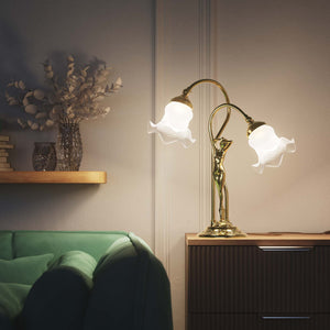 Art Nouveau table lamp in brass with sculptural female figure and two wavy frosted glass shades, decorated base by Ghidini 1849 - Finish: OLV Polished Brass