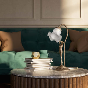 Liberty table lamp in brass with sculptural female figure and wavy frosted glass shade, base decorated with floral motifs by Ghidini 1849 - Finish: OAS Antique Brass