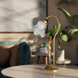 Liberty table lamp in brass with sculptural female figure and wavy frosted glass shade, base decorated with floral motifs by Ghidini 1849 - Finish: OBS Bronze Satin Brass