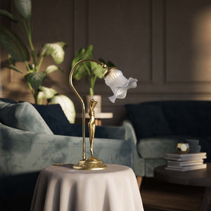 Liberty table lamp in brass with sculptural female figure and wavy frosted glass shade, base decorated with floral motifs by Ghidini 1849 - Finish: OBV Bronze Satin Light Brass