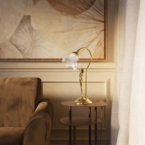 Liberty table lamp in brass with sculptural female figure and wavy frosted glass shade, base decorated with floral motifs by Ghidini 1849 - Finish: OLV Polished Brass