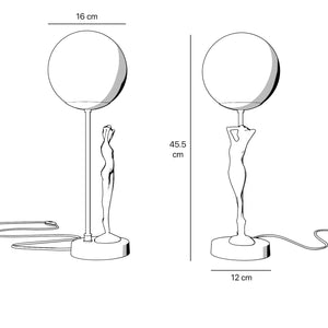 Brass table lamp with sculpted female figure and frosted glass globe, ideal for elegant interiors by Ghidini 1849